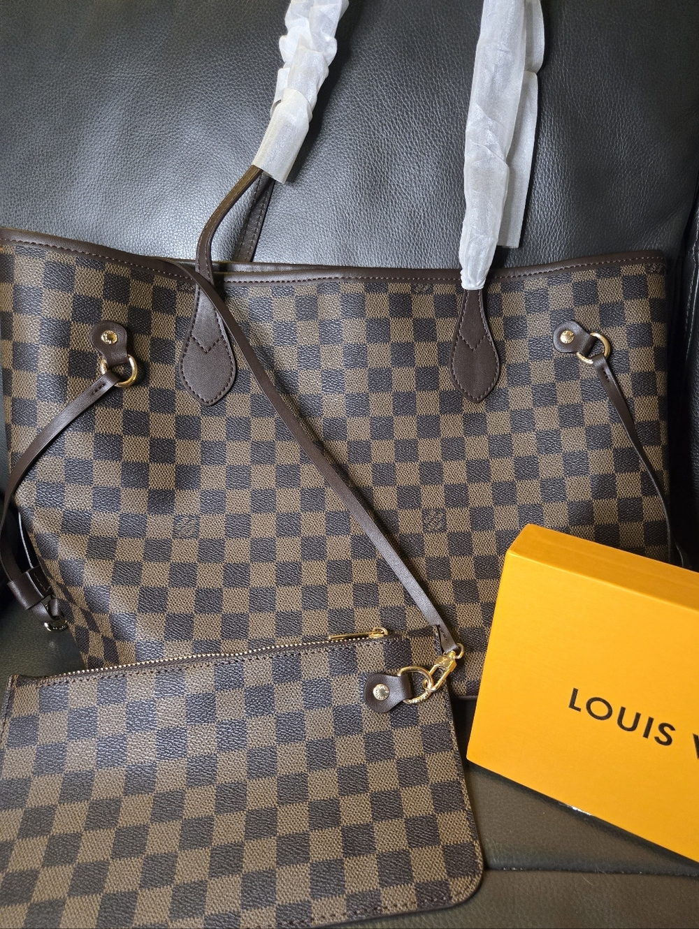Checkered Monogram Tote with Pouch - Brown (2 Piece Set)
